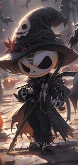 Cute skeleton in Halloween attire with pumpkins and bats.