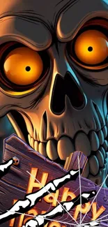 Eerie skeleton with bright eyes and Halloween theme.