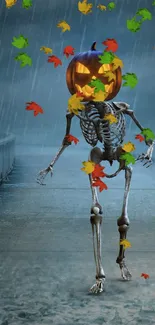 Skeleton with pumpkin head on a stormy bridge.