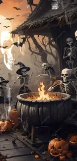 Halloween scene with skeletons, pumpkins, and cauldron.