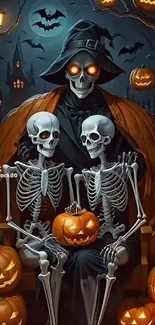 Halloween skeletons with glowing eyes surrounded by pumpkins