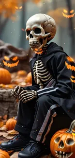 Halloween skeleton with pumpkins wallpaper.