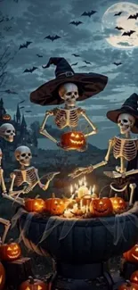 Skeletons and pumpkins under a full moon in a Halloween theme.