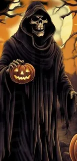 Spooky skull in cloak holding a jack-o-lantern with an eerie Halloween backdrop.