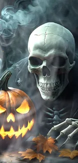 Eerie wallpaper with a skull and glowing pumpkin, surrounded by fog.