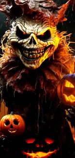 Creepy scarecrow with glowing pumpkins wallpaper.