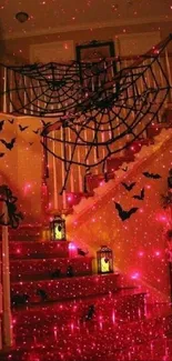 A spooky Halloween staircase with red lights, bats, and spider webs.