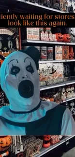 Masked character in a Halloween store setting, surrounded by decorations.