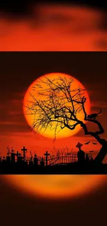 Halloween themed wallpaper with tree silhouette and fiery sunset.