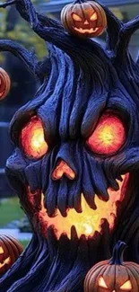 Spooky tree with glowing pumpkin faces for Halloween.