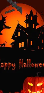 Spooky Halloween wallpaper with haunted house and orange moon.