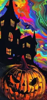 Colorful Halloween scene with haunted house and pumpkin.