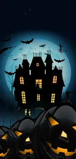 Spooky Halloween wallpaper with haunted house and jack-o'-lanterns under full moon.