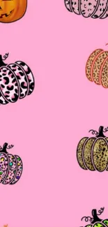 Colorful Halloween-themed phone wallpapers; pumpkins and skeletons.