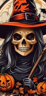 Spooky Halloween witch with pumpkins in orange and black theme.