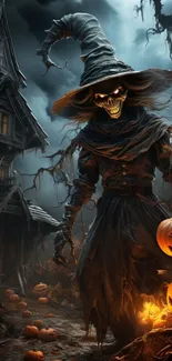 Spooky witch with pumpkin in dark setting.