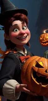 Cartoon witch with pumpkins in Halloween night scene.