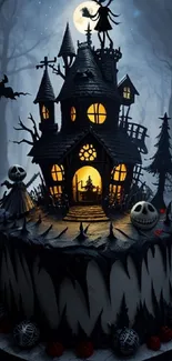 Spooky house cake adorned with Halloween-themed decorations under a moonlit sky.