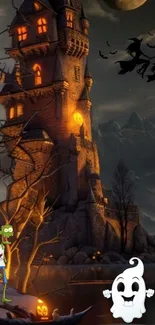 Haunted castle wallpaper with ghost and witch silhouettes.