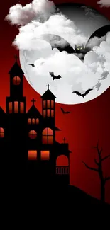 Haunted castle with bats under a full moon, set against a dark red sky.