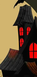 Spooky haunted house with red windows and a bat silhouette.