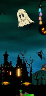 Spooky haunted house wallpaper with ghosts and pumpkins.