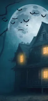 Eerie haunted house with lit windows under a full moon and flying bats.