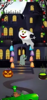 Spooky haunted house wallpaper with ghosts and pumpkins.