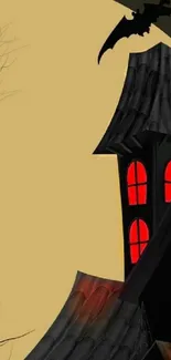 Spooky haunted house with red windows and a bat on a beige background.