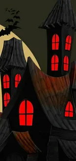 Haunted house with red windows and bat under a full moon.