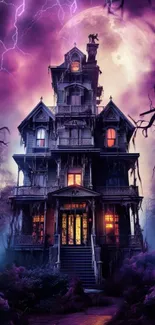 Spooky haunted house under a full moon with a purple night sky.