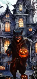 Spooky Halloween wallpaper with a haunted house and a werewolf holding pumpkins.