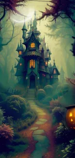 Spooky haunted house with eerie forest and jack-o-lanterns.