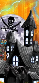 Spooky haunted house with moon and owl on orange background.