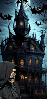 Spooky haunted house with bats and cloaked skeleton figure.