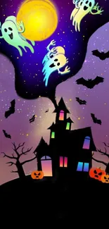 Spooky haunted house with ghosts and pumpkins in purple twilight.