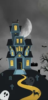 Spooky haunted house with bats and moonlit sky, ideal for Halloween.