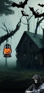 Haunted house with bats and lantern in a dark, eerie forest night scene.