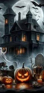 A haunted house with ghosts and pumpkins under a full moon.