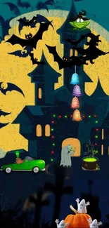 Halloween wallpaper with haunted house and bats in moonlight.