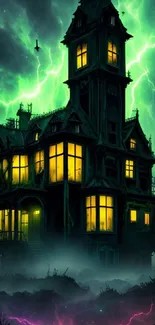 Haunted house with glowing windows and green lightning in a stormy night.