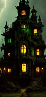 Dark haunted house with glowing windows and lightning.