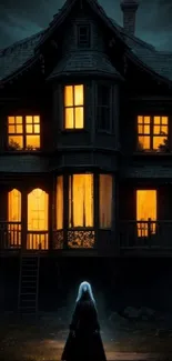 Eerie gothic house with glowing windows against a dark, moody background.