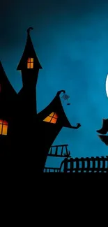 Halloween-themed wallpaper with a haunted house, full moon, and bats.