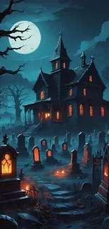 Eerie haunted mansion under a full moon with a spooky graveyard.