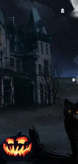 Spooky Halloween wallpaper with haunted mansion and black cat in moonlight.