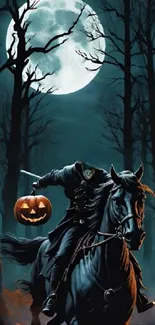 Headless horseman with pumpkin under full moon in dark forest.