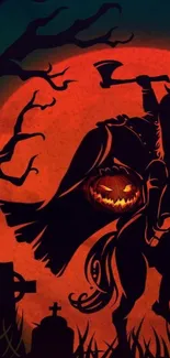 Spooky wallpaper of Headless Horseman with a pumpkin head under the full moon.