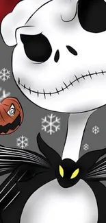Festive skeleton with snowflakes and pumpkin decoration.