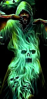 Hooded figure with green flames and skulls wallpaper.